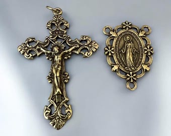 Bronze Rosary Parts Set: Miraculous Medal Center, Fleur-de-Lis Crucifix - Italian Made
