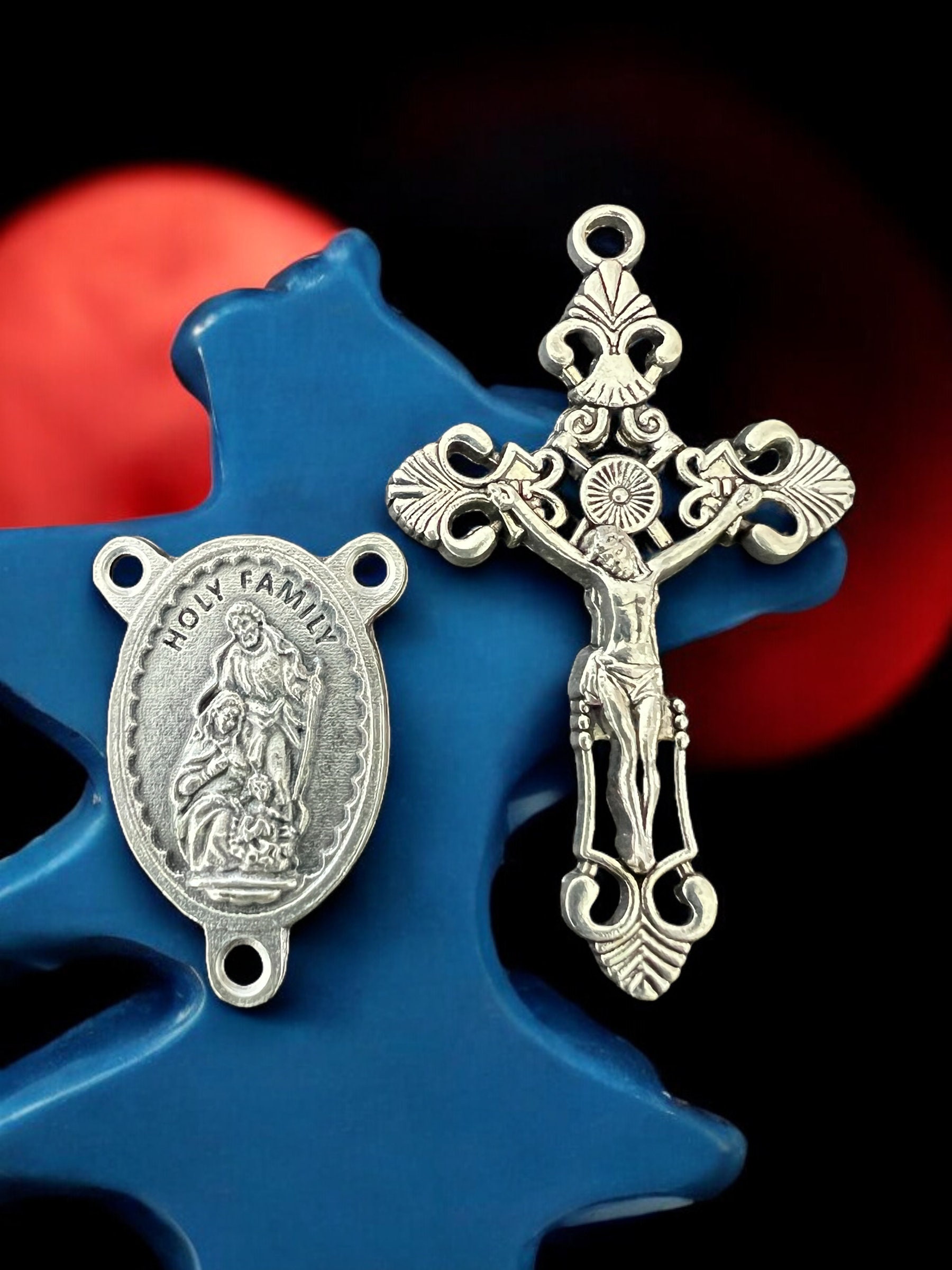 Italian Rosary Parts: Holy Family Medal & Fleur-de-lis Crucifix Set