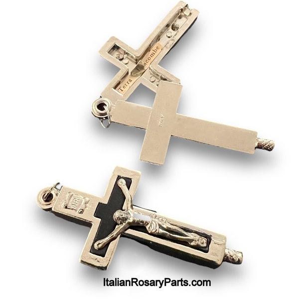 Reliquary Crucifix Slides Open to Reveal Relic Roman Catacomb Soil | Italian Rosary Parts