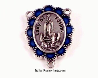 Virgin of Fatima Framed Petal Rosary Center With Blue Enamel Accents Medal | Italian Rosary Parts