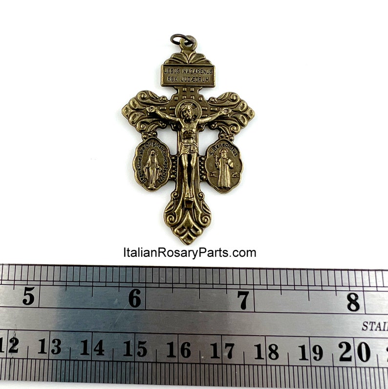 Bronze 3-Way Pardon Crucifix w Miraculous and Saint Benedict Crossbar Medals Triple Threat Italian Crucifix Italian Rosary Parts image 4