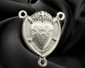Sacred Heart of Jesus Heart Rosary Center Medal w Our Lady of Sorrows | Italian Rosary Parts