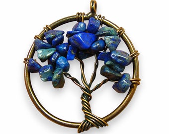 Tree of Life Semi Precious Gemstone Pendant, Charm, Blue Lapis Lazuli