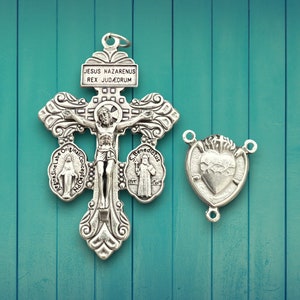 Rosenkranz-Medaille Dreifach-Bedrohung Verzeihung-Kruzifix mit Herz-Jesu-Mitte | Italienische Rosenkranz-Teile