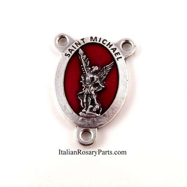 Saint Michael The Archangel Rosary Center Medal Red Enamel Background | Italian Rosary Parts