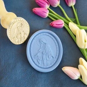 Maagd Maria messing lakzegelstempel met houten handvat, Onze-Lieve-Vrouw van Genade