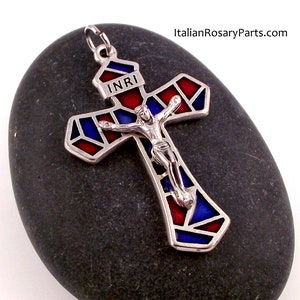 Stained Glass Style Rosary Crucifix Pendant From Italy Red and Blue Italian Rosary Parts image 1