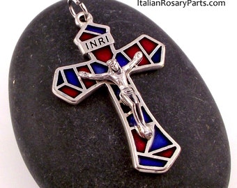 Stained Glass Style Rosary Crucifix Pendant From Italy Red and Blue | Italian Rosary Parts