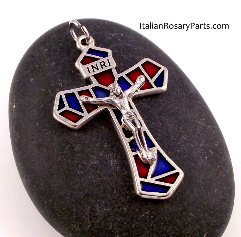 Stained Glass Style Rosary Crucifix Pendant From Italy Red and Blue Italian Rosary Parts image 1