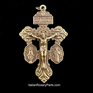 Bronze 3-Way Pardon Crucifix w Miraculous and Saint Benedict Crossbar Medals Triple Threat Italian Crucifix Italian Rosary Parts image 1