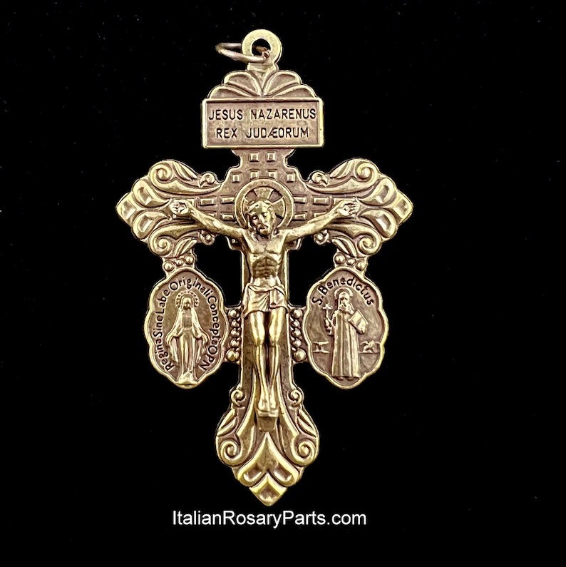 Bronze 3-Way Pardon Crucifix w Miraculous and Saint Benedict Crossbar Medals Triple Threat Italian Crucifix Italian Rosary Parts image 1