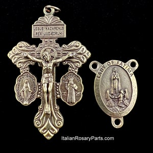 Bronze Italienische Rosenkranz Medaille Set Jungfrau von Fatima Mitte w Dreifache Bedrohung Verzeihung Kruzifix | Italienische Rosenkranz-Teile