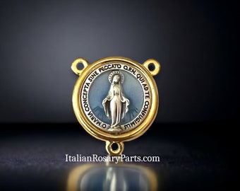 Miraculous Medal Rosary Centerpiece Gold w Light Blue Enamel | Italian Rosary Parts