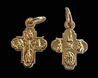 Small Gold Plate Four Way Cross Miraculous Medal, Holy Spirit, Sacred Heart, Saint Anthony| Italian Rosary Parts