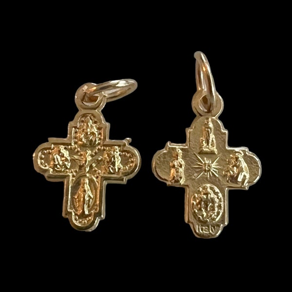 Small Gold Plate Four Way Cross Miraculous Medal, Holy Spirit, Sacred Heart, Saint Anthony| Italian Rosary Parts