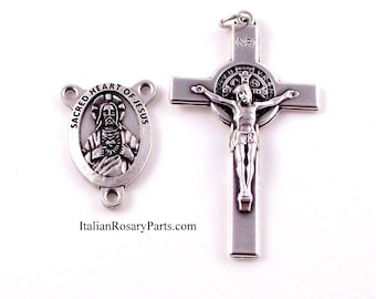 Sacred Heart Rosary Medal and St Benedict Crucifix Set | Italian Rosary Parts