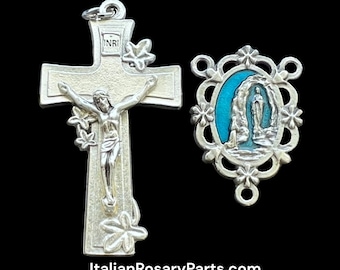 Italian Rosary Medal Set Blue Enamel Lourdes Center w St Bernadette In The Grotto | Italian Rosary Parts