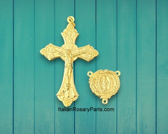 Italian Rosary Medal Set, Gold Finish Grape and Vine Crucifix and Fancy Miraculous Medal | Italian Rosary Parts