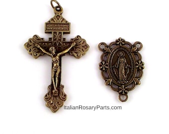 Rosary Center and Crucifix Set Bronze Framed Miraculous Medal with Pardon Crucifix | Italian Rosary Parts