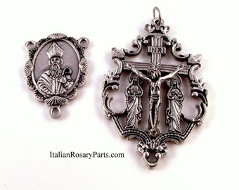 Saint Patrick w Virgin Mary and Mary Magdalene Crucifix and Center Set | Italian Rosary Parts