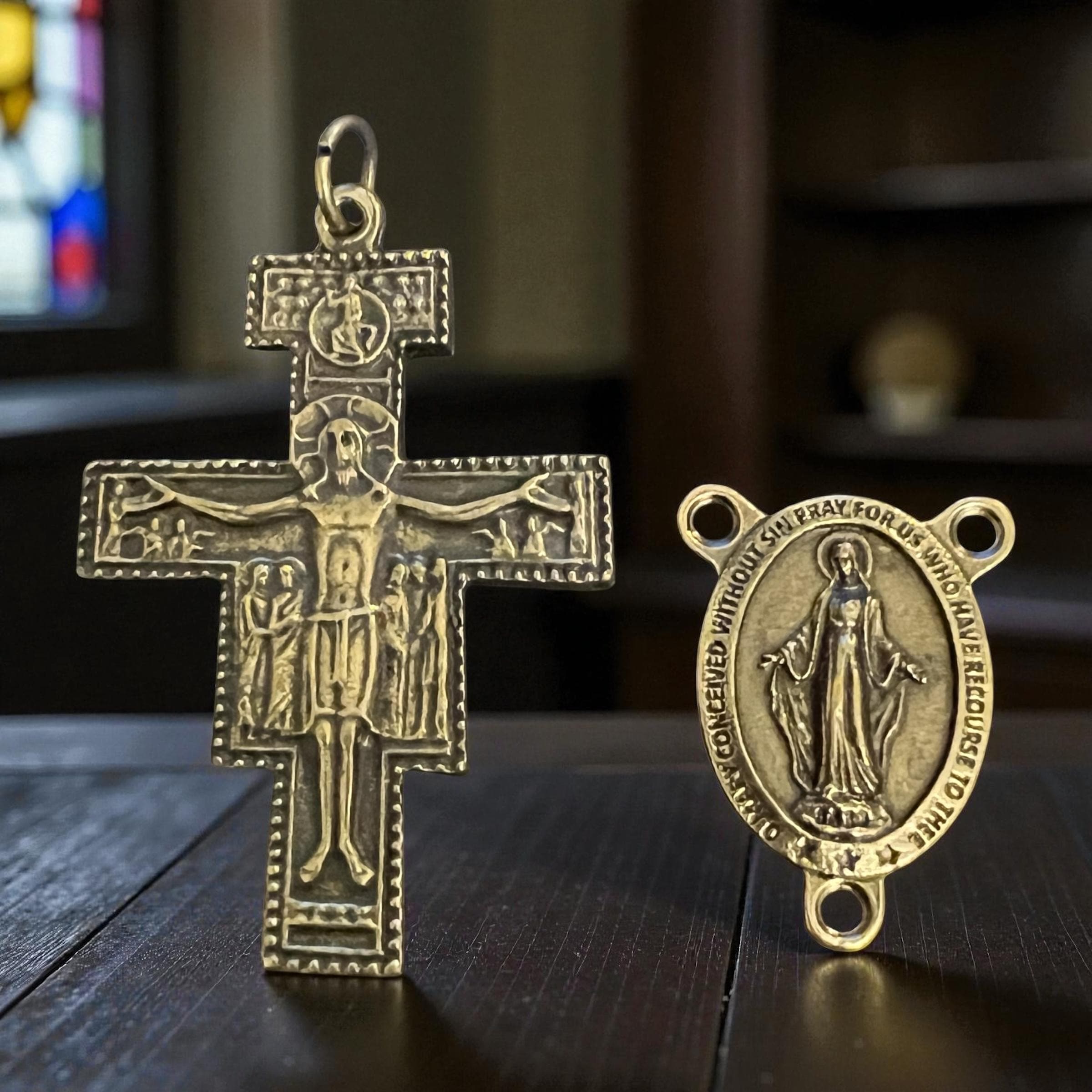 Bronze San Damiano Crucifix & Miraculous Medal Set - Italian