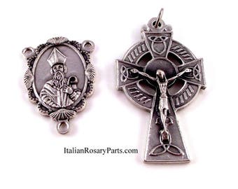 Saint Patrick w Irish Rosary Crucifix and Center Set | Italian Rosary Parts