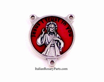 Divine Mercy of Jesus Rosary Center Medal With Red Enamel Background | Italian Rosary Parts