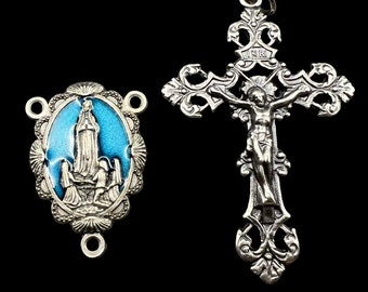 Virgin of FatimaTurqoise Blue Enamel Rosary Crucifix and Medal Set | Italian Rosary Parts
