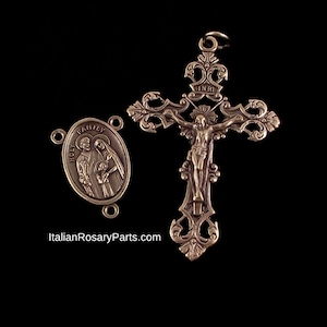 Bronze Rosary Medal Holy Family, Holy Spirit Center with Fleur de Lis Crucifix | Italian Rosary Parts