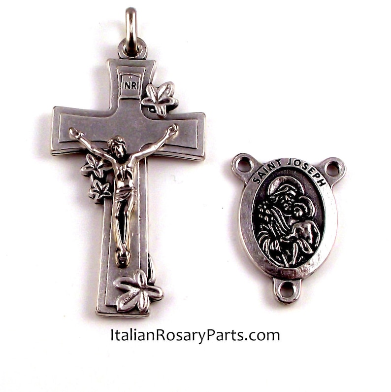 Italian Rosary Medal Set St Joseph Center w Lily Crucifix | Italian Rosary Parts