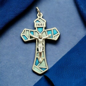 Stained Glass Style Rosary Crucifix Pendant From Italy Blue | Italian Rosary Parts