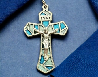 Stained Glass Style Rosary Crucifix Pendant From Italy Blue | Italian Rosary Parts