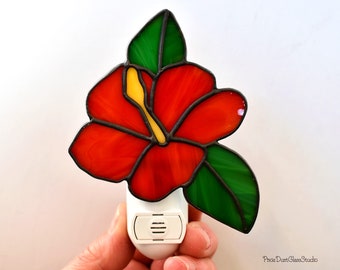 Stained Glass Hibiscus Flower Night Light: Tropical Coastal Decor