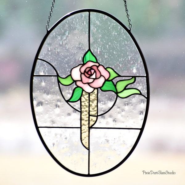 Stained Glass Rose Panel, Single Pink Rose with Flair Window Hanging