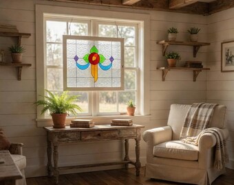 Stained Glass Mackintosh Rose Window Panel with Wooden Frame