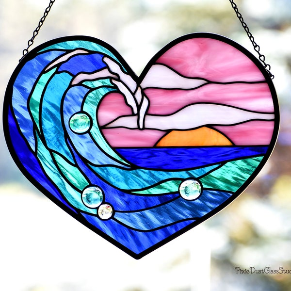 Stained Glass Ocean Wave Window Panel, "Surf's up at Sunrise", Heart Shaped Suncatcher, Window Hanging, Surf Art, Coastal Decor, Beach Lover