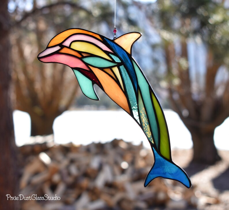 Stained Glass Dolphin Suncatcher Abstract Dolphin Window Etsy