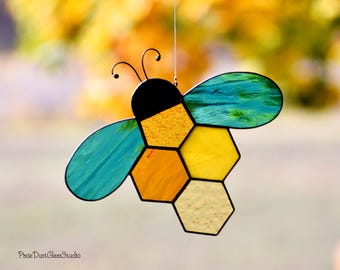 Stained Glass Honeycomb Bee Suncatcher