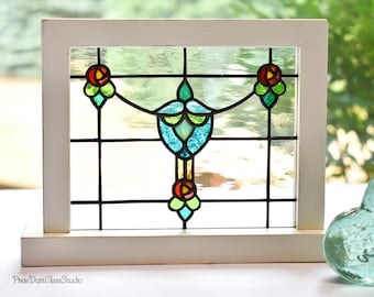 Stained Glass Mackintosh Rose Mini Panel, Windowsill Sitter, Table Accent, Freestanding, Distressed Frame