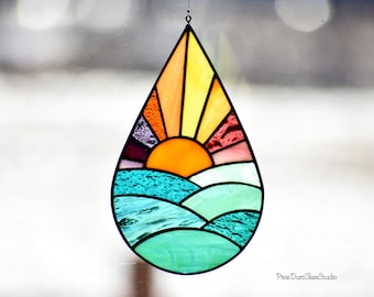 Stained Glass Sunrise Over Rolling Hills Suncatcher