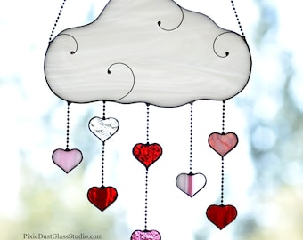 Stained Glass Rain Cloud Suncatcher: Heart Raindrops, Romance Decor