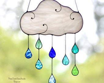 Stained Glass Rain Cloud Suncatcher with Blue & Green Colored Raindrops, Glass Mobile