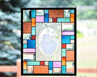 Stained Glass Flamingo Window Panel, Beveled and Etched Glass, Tropical Colors & Vibe