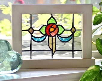 Stained Glass Mackintosh Rose Mini Panel, Windowsill Sitter, Table Accent, Freestanding Distressed Frame, Mackintosh Rose