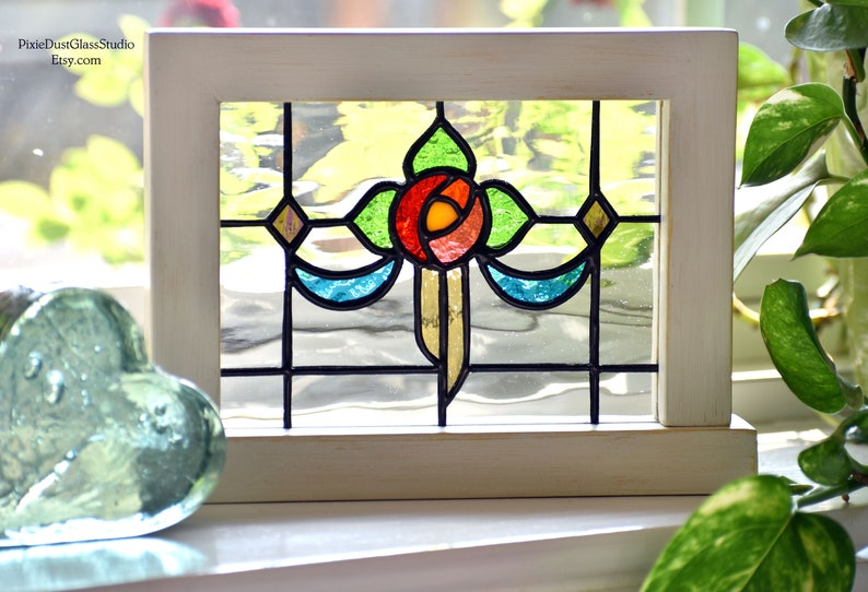 Mini Stained Glass Panel Windowsill Sitter Table Accent Image 0