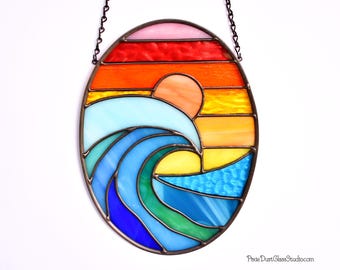 Stained Glass Ocean Wave at Sunset Suncatcher, Coastal Decor, Window Hanging