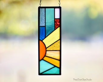 Mini panel de vitral abstracto con rayos de sol, atrapasol para colgar en la ventana
