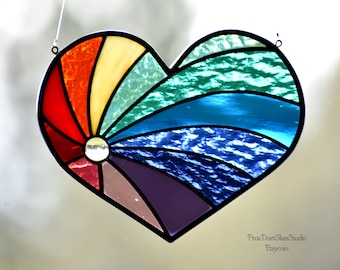 Stained Glass Rainbow Heart Suncatcher, Valentine Window Decor