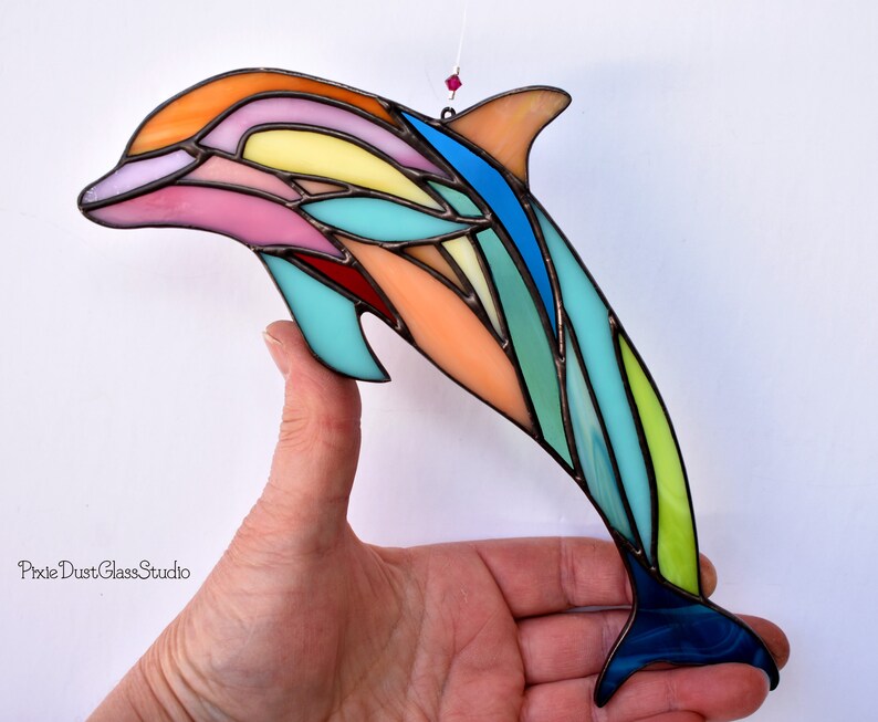 Stained Glass Dolphin Suncatcher Abstract Dolphin Window Etsy