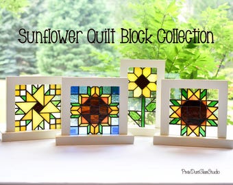 Stained Glass Mini Sunflower Quilt Block Collection, Freestanding, Shelf Sitter, Table Top Accent, You Choose Design